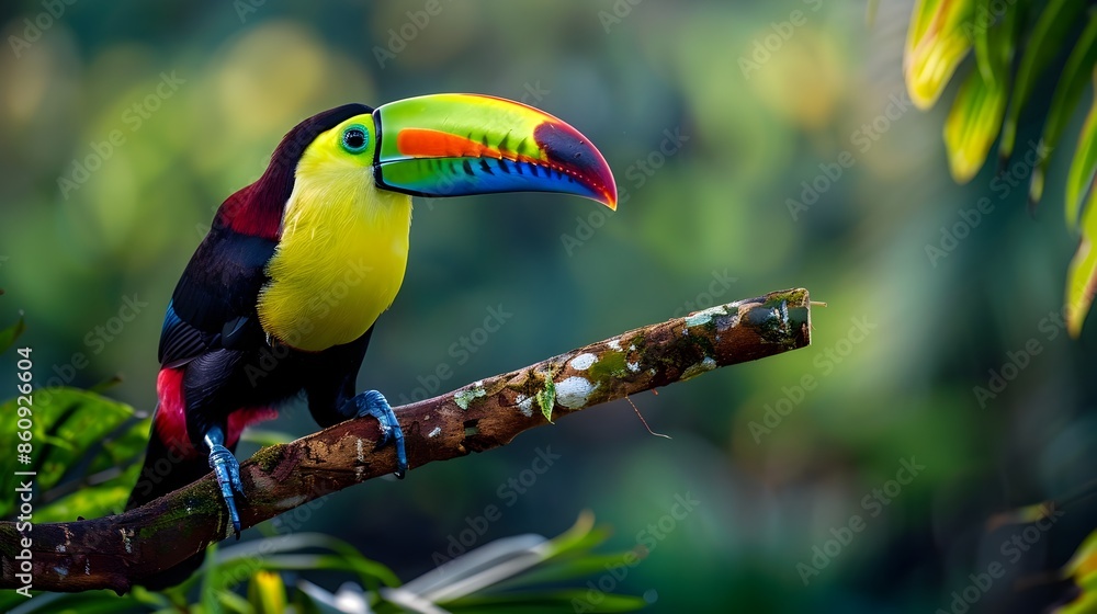 Fototapeta premium Vibrant Toucan Perched in Tropical Rainforest with Colorful Beak on Branch