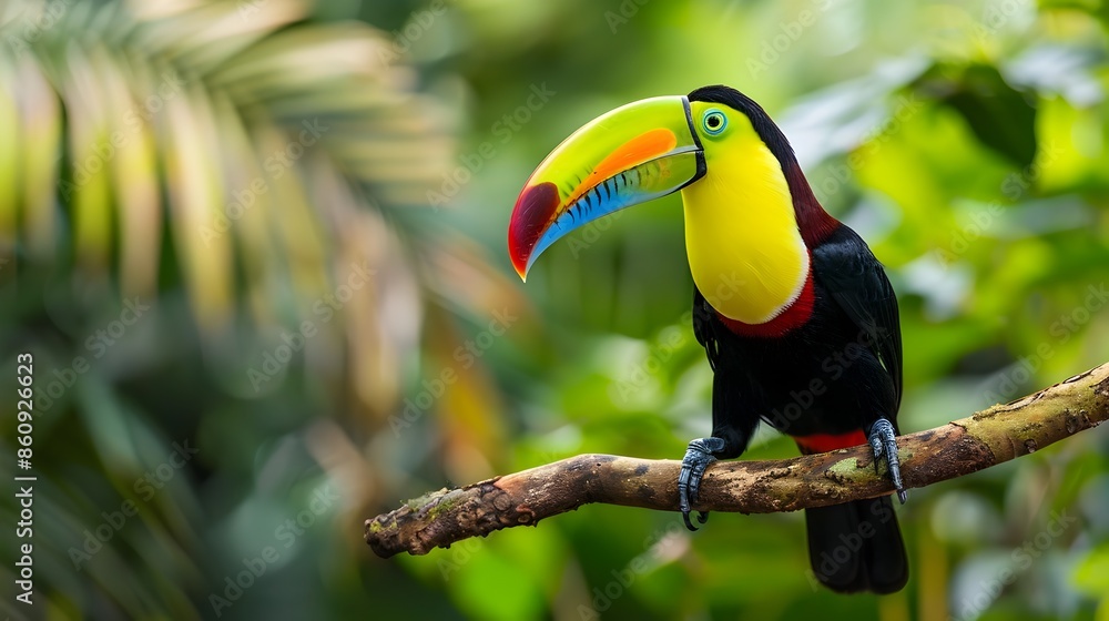 Vibrant Toucan Perched on Branch in Tropical Rainforest Displaying Colorful Beak