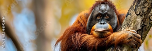 Wise Looking Orangutan Sitting in a Tree Evoking Curiosity and Intelligence photo