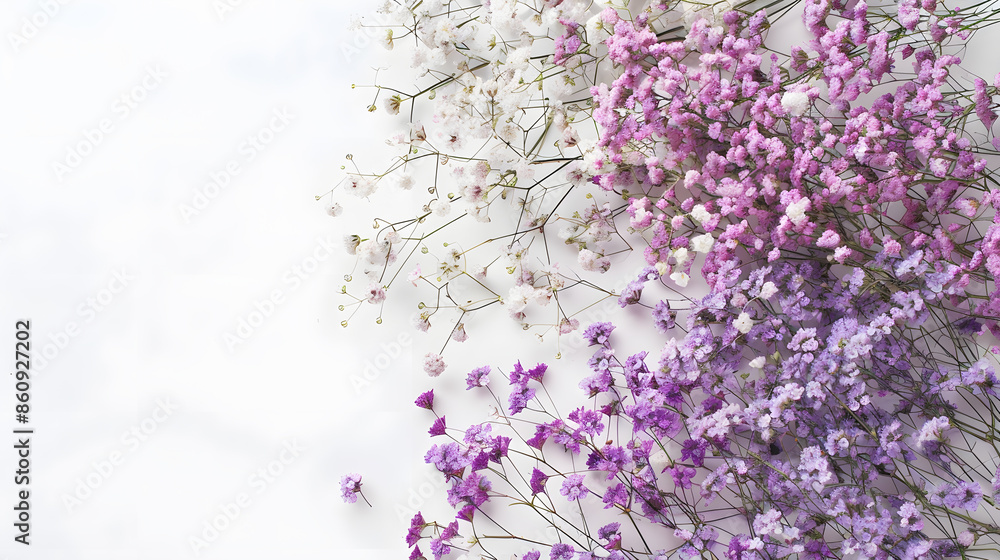 Flowers backgroundViolet and beige gypsophila flowers or babys breath flowers close up bouquet on white background top view selective focus Copy space Poster : Generative AI Flowers backgroundViolet and beige gypsophila flowers or babys breath flowers close up bouquet on white background top view selective focus Copy space Poster : Generative AI