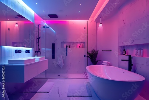 Modern bathroom with pink and blue neon lighting, featuring a bathtub, shower, sink, and white tile. © andyaziz6
