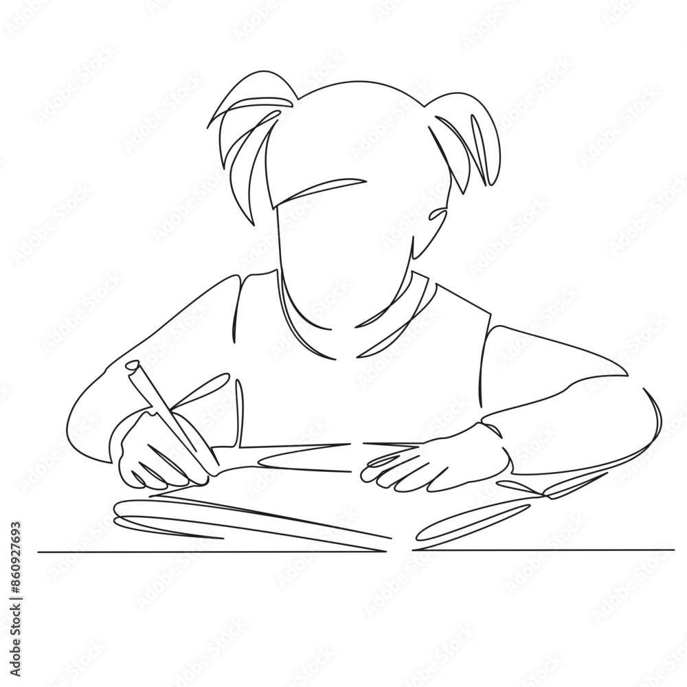 One continuous line drawing on a white isolated background. Linear illustration of minimalism. the girl is doing her homework. schooling. The girl writes her lessons in a notebook. One continuous line drawing on a white isolated background. Linear illustration of minimalism. the girl is doing her homework. schooling. The girl writes her lessons in a notebook.