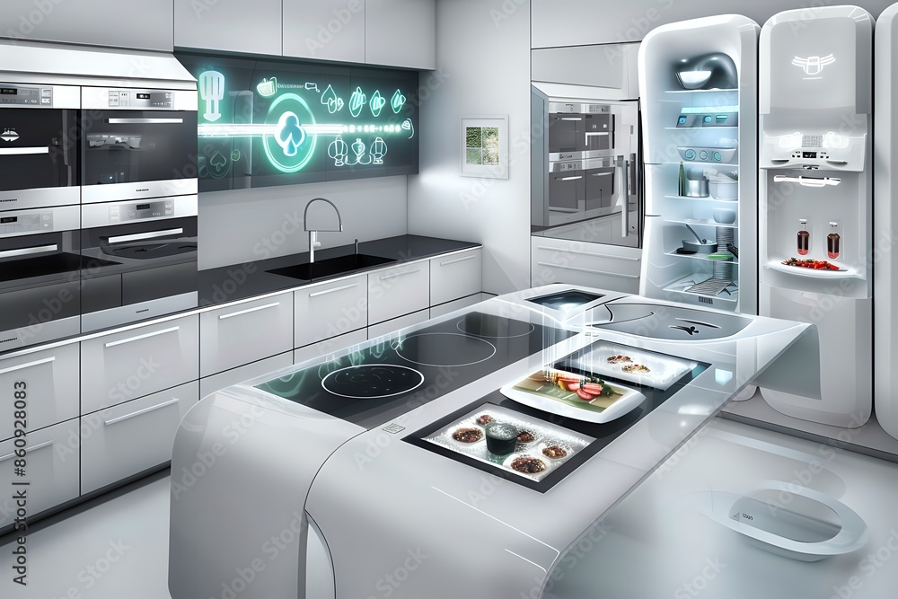 Futuristic kitchen interior with smart appliances and a digital screen displaying food options. Futuristic kitchen interior with smart appliances and a digital screen displaying food options.