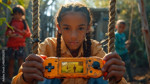 A realistic and immersive scene of a gamer playing on a portable console while sitting on a park swing. photo