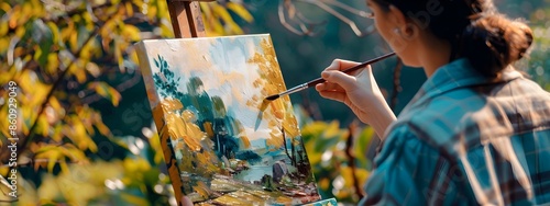 Painter Capturing Nature s Beauty on Easel in Sunny Garden photo