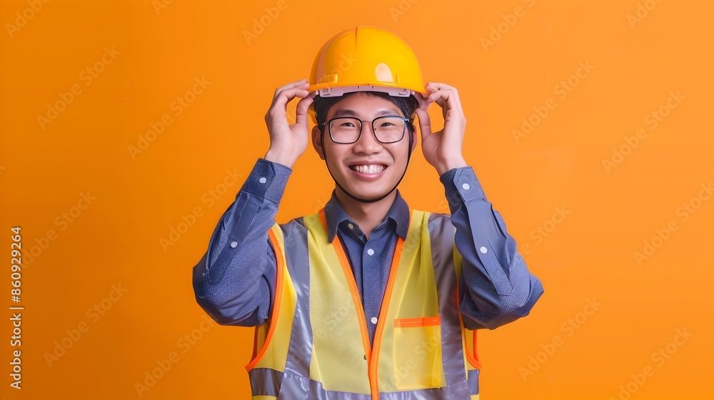 Smiling Asian Hallyu Engineer in Neo Pop Styled Construction Worker Portrait Smiling Asian Hallyu Engineer in Neo Pop Styled Construction Worker Portrait