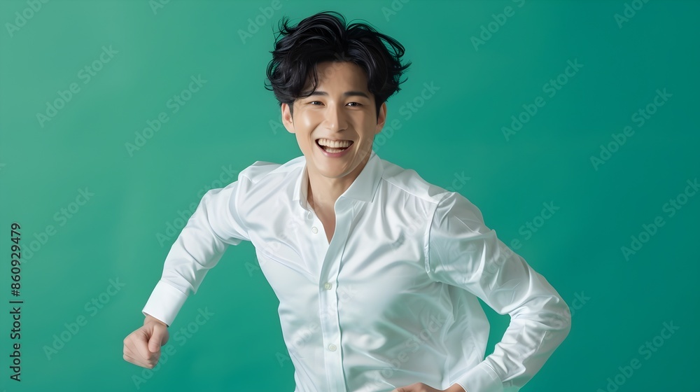 Smiling Hallyu Man Running and Looking at in Modern Neo Pop Style Smiling Hallyu Man Running and Looking at in Modern Neo Pop Style