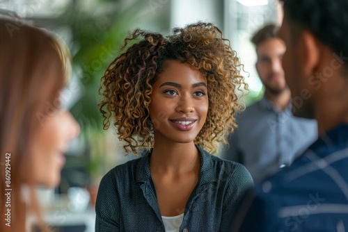 Female sales executive talking to her colleagues in an office, Generative AI 