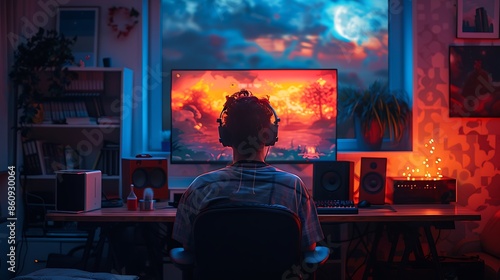 A realistic depiction of a gamer playing late into the night, with the room dimly illuminated by the glow of the screen and ambient lighting. photo