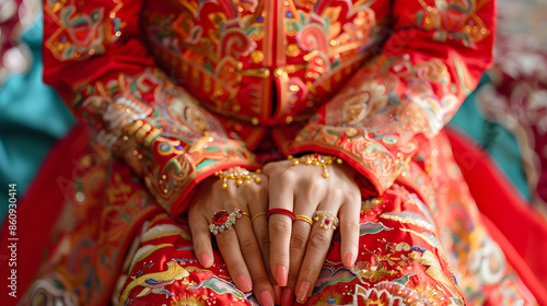 Close up brides hands Bride wearing traditional Chinese wedding costume during ceremony : Generative AI