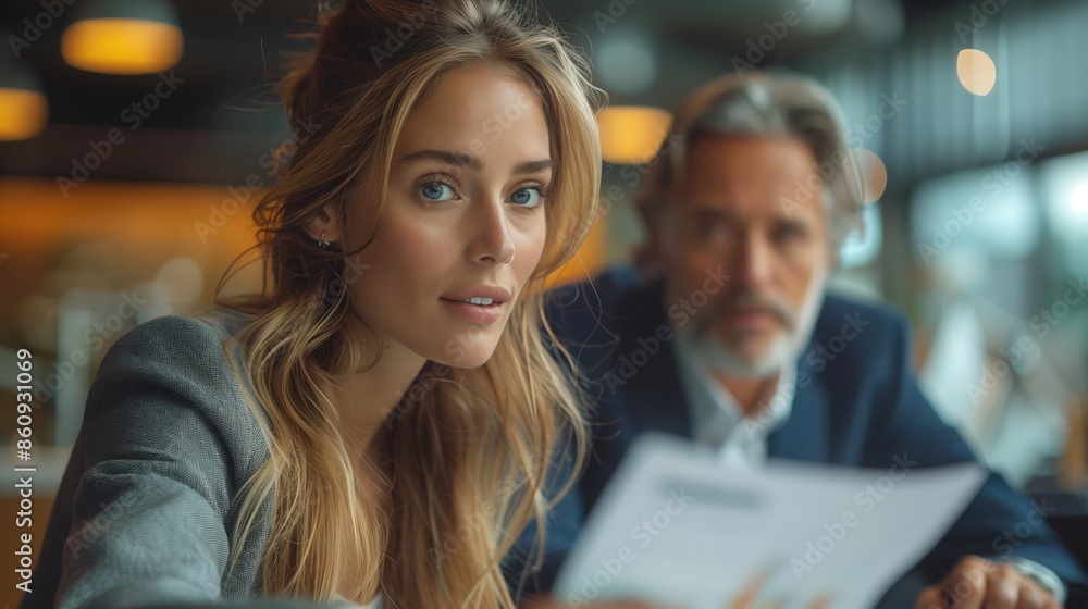Businesswoman discussing report with colleague. Businesswoman discussing a report with a senior colleague in a modern office, showcasing collaboration and teamwork. Businesswoman discussing report with colleague. Businesswoman discussing a report with a senior colleague in a modern office, showcasing collaboration and teamwork.