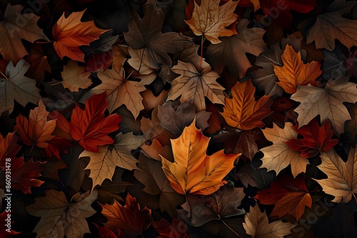 A close-up image of fallen autumn leaves in shades of brown, orange, and red. © andyaziz6