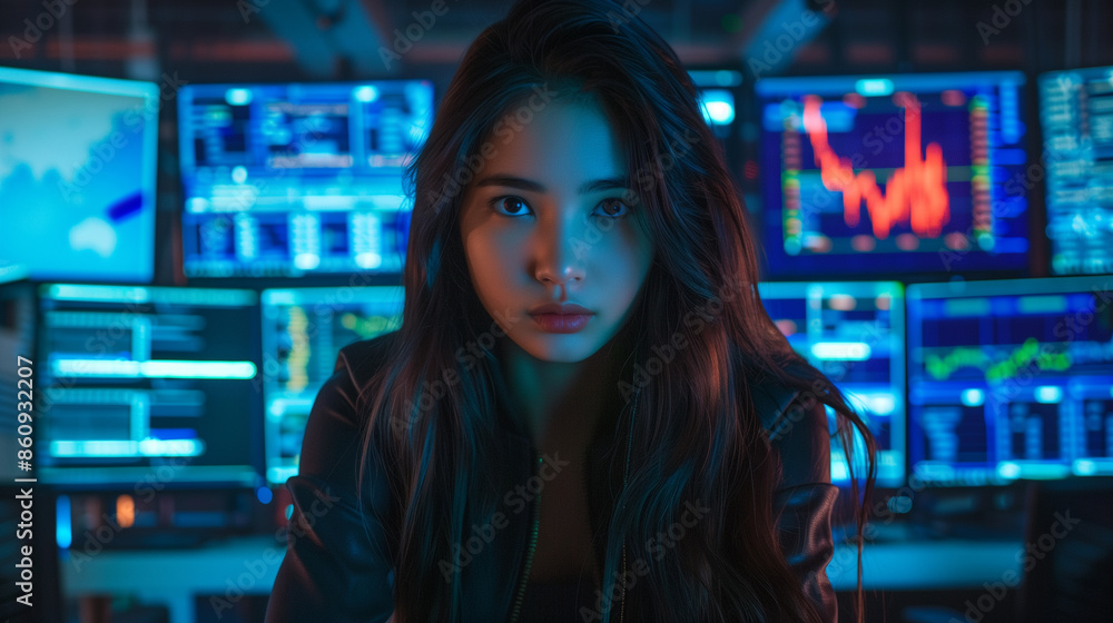 Young girl surrounded by multiple computer screens in a high-tech environment Young girl surrounded by multiple computer screens in a high-tech environment