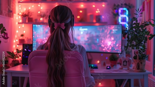 A realistic photograph of a gamer girl immersed in a pastel-themed gaming setup with kawaii accessories. photo