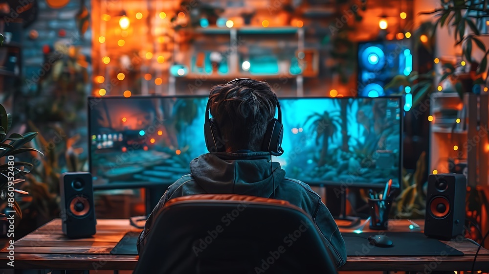 A realistic photograph of a gamer in front of a professional streaming setup, with a camera, microphone, green screen, and dual monitors showing the game and chat overlay. A realistic photograph of a gamer in front of a professional streaming setup, with a camera, microphone, green screen, and dual monitors showing the game and chat overlay.