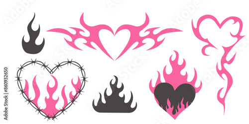Set Wire Barb heart, oval frame y2k tattoo border, flame silhouette gothic spiky punk print neo tribal isolated on white background. Barbwire emo boundary heart shape.