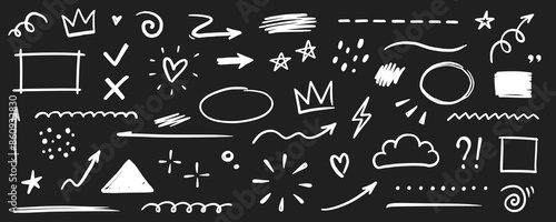 Line shape marker underline, arrow, heart brush element chalk set. Hand drawn sketch marker underline shape, arrow, heart scribble brush chalkboard. Crown, love graphic icon. Vector illustration