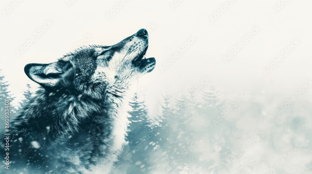 Obraz premium A lone wolf howling in a snowy wilderness, with misty trees in the background, capturing the essence of solitude and wild nature in winter