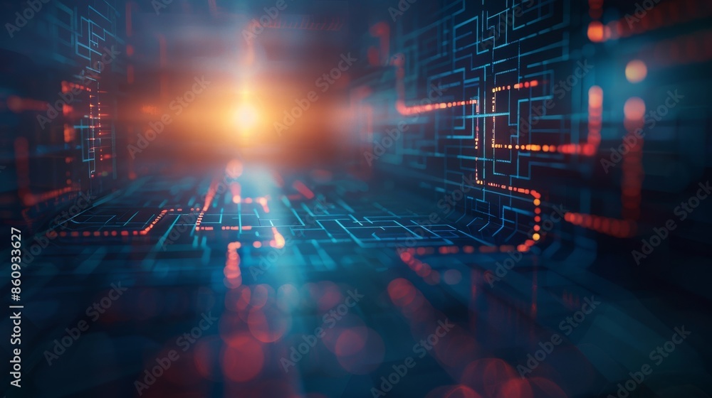 Obraz premium A high-tech digital network featuring a glowing grid with red and blue lights, symbolizing advanced technology, connectivity, and innovation