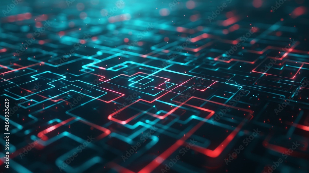 Obraz premium A futuristic abstract digital circuit illuminated with red and blue lights, showcasing a complex, high-tech design and intricate patterns