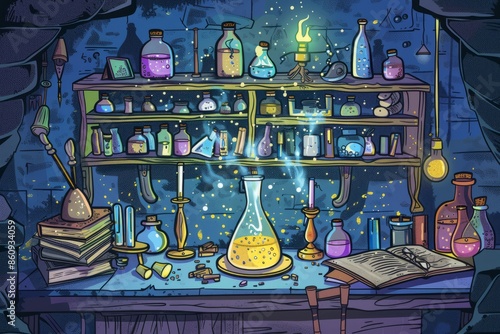 Cartoon cute doodles of a wizard's laboratory filled with bubbling potions and magical experiments, Generative AI