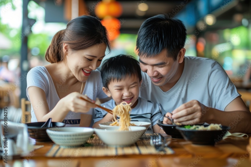 Thai family eat noodle restaurant father eating Thai family eat noodle restaurant father eating