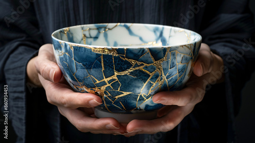 Woman's hands holding elegant blue and white kintsugi porcelain bowl