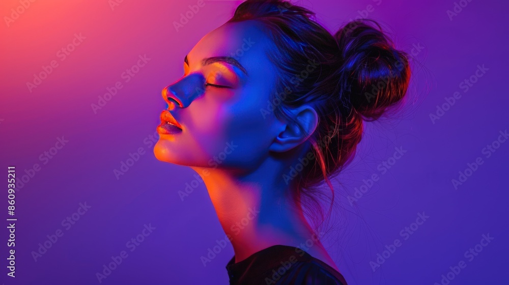 A woman with a purple background and a pinkish glow on her face. Generate AI image A woman with a purple background and a pinkish glow on her face. Generate AI image