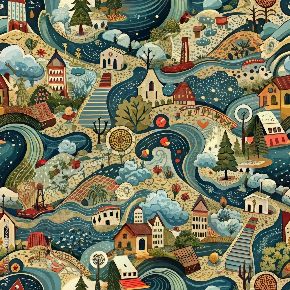 Seamless pattern of doodle musical landscapes with flowing melodies, Generative AI Seamless pattern of doodle musical landscapes with flowing melodies, Generative AI