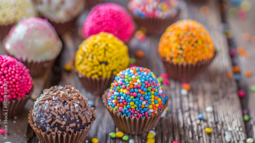 Brigadeiros beautiful colorful sweets on rustic wood selective focus : Generative AI Brigadeiros beautiful colorful sweets on rustic wood selective focus : Generative AI