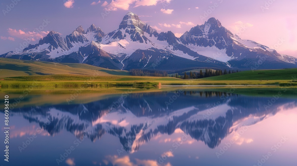 A beautiful mountain range is reflected in the calm waters of a lake. Generate AI image A beautiful mountain range is reflected in the calm waters of a lake. Generate AI image