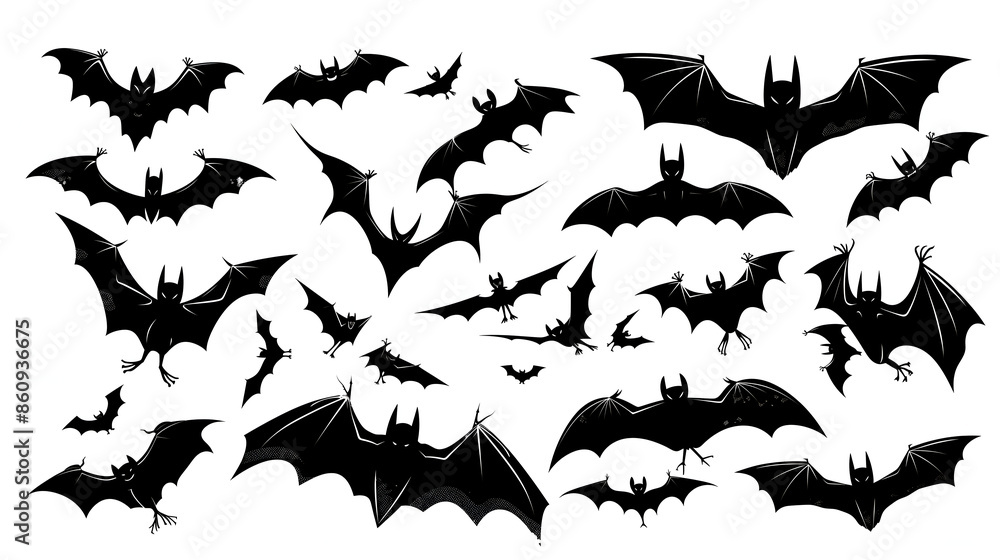 Fototapeta premium set of halloween bats on white, bats silhouettes 