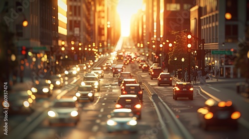 A busy city street filled with traffic during the golden hour, capturing the warm glow of sunset in an urban setting. © AbsoluteAI