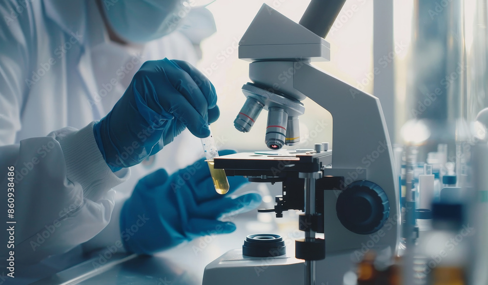 A scientist is working in a lab with a microscope and a pipette by AI generated image A scientist is working in a lab with a microscope and a pipette by AI generated image