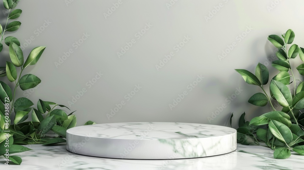 Elegant 3D Rendering of White Marble Pedestal with Green Leaves Background for Product Presentation Mockup. Luxurious Minimalist Design for Branding and Display Concepts Elegant 3D Rendering of White Marble Pedestal with Green Leaves Background for Product Presentation Mockup. Luxurious Minimalist Design for Branding and Display Concepts
