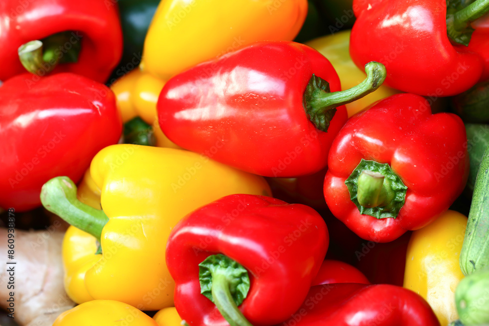 Red and yellow bell peppers are sold together. On Thai street food Red and yellow bell peppers are sold together. On Thai street food