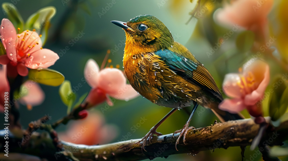 Small bird perching on branch, AI Generative. Small bird perching on branch, AI Generative.