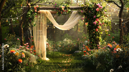 A beautifully decorated garden archway with flowing drapes and vibrant flowers, set against a lush, green backdrop for a magical outdoor celebration