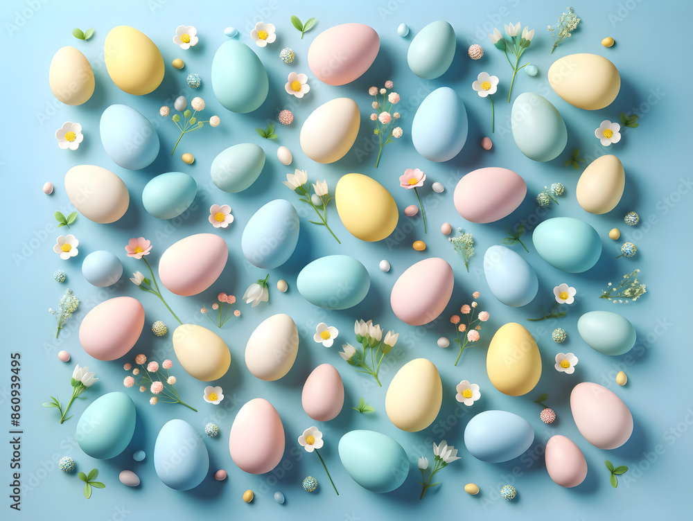 Vibrant Array of Pastel Easter Eggs on Soft Blue Background Vibrant Array of Pastel Easter Eggs on Soft Blue Background