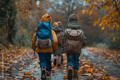 Back to school in autumn, children with backpacks walking on a countryside road. © NE97