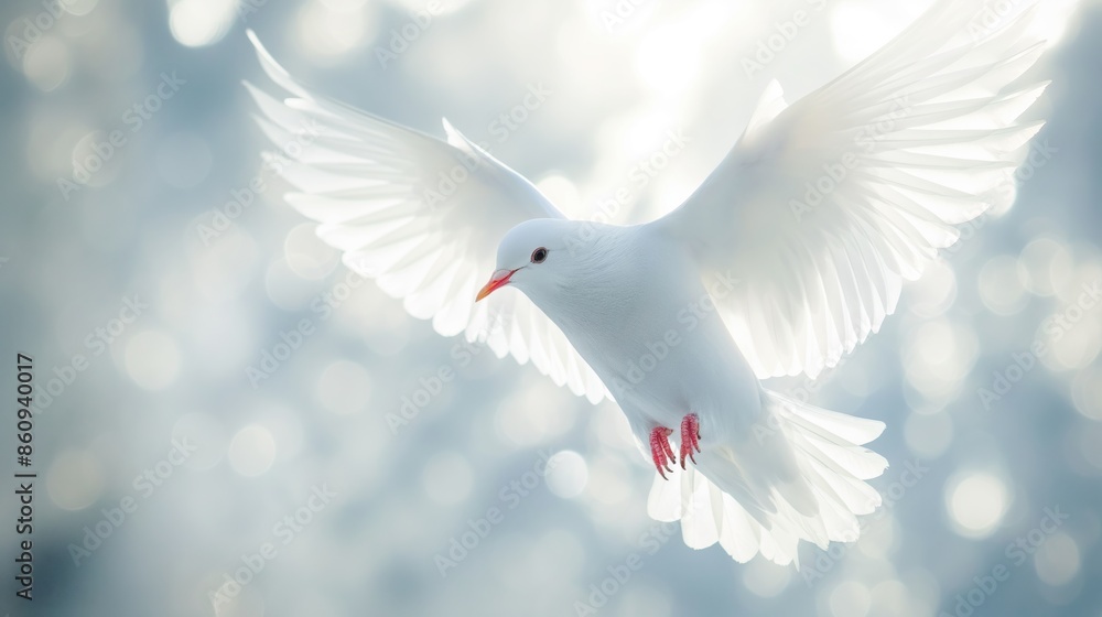 Fototapeta premium Serene white dove in flight against a soft blurred background, symbolizing peace and purity in a tranquil outdoor setting.