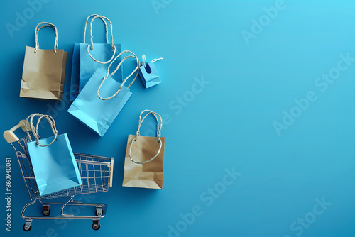 Blue background featuring small paper shopping bags and a shopping cart