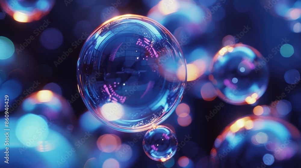 Colorful Macro of Soap Bubbles with Reflective Light Patterns and Bokeh Effect Colorful Macro of Soap Bubbles with Reflective Light Patterns and Bokeh Effect