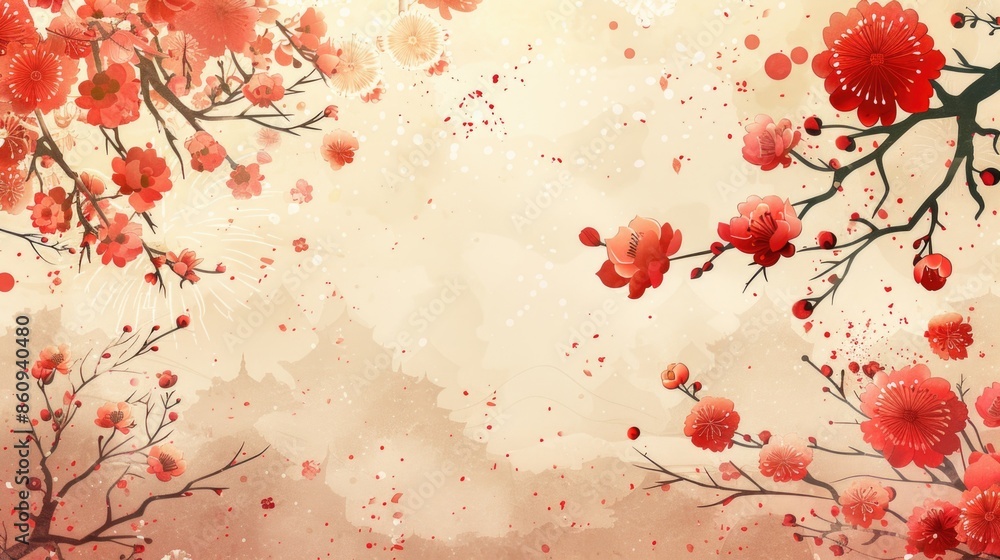 Elegant Red Floral Branches on Beige Abstract Background for Seasonal Designs Elegant Red Floral Branches on Beige Abstract Background for Seasonal Designs