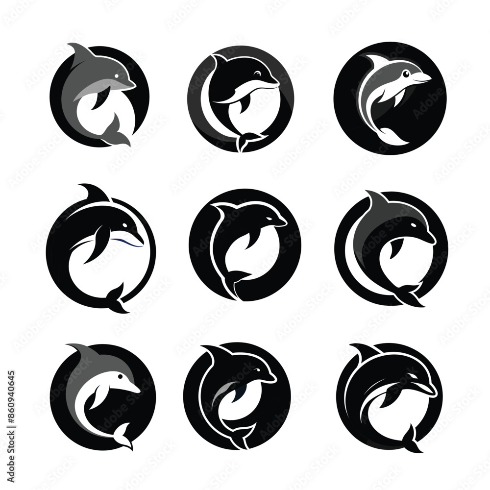 A logo of a dolphin making a circle shape with his body silhouette A logo of a dolphin making a circle shape with his body silhouette