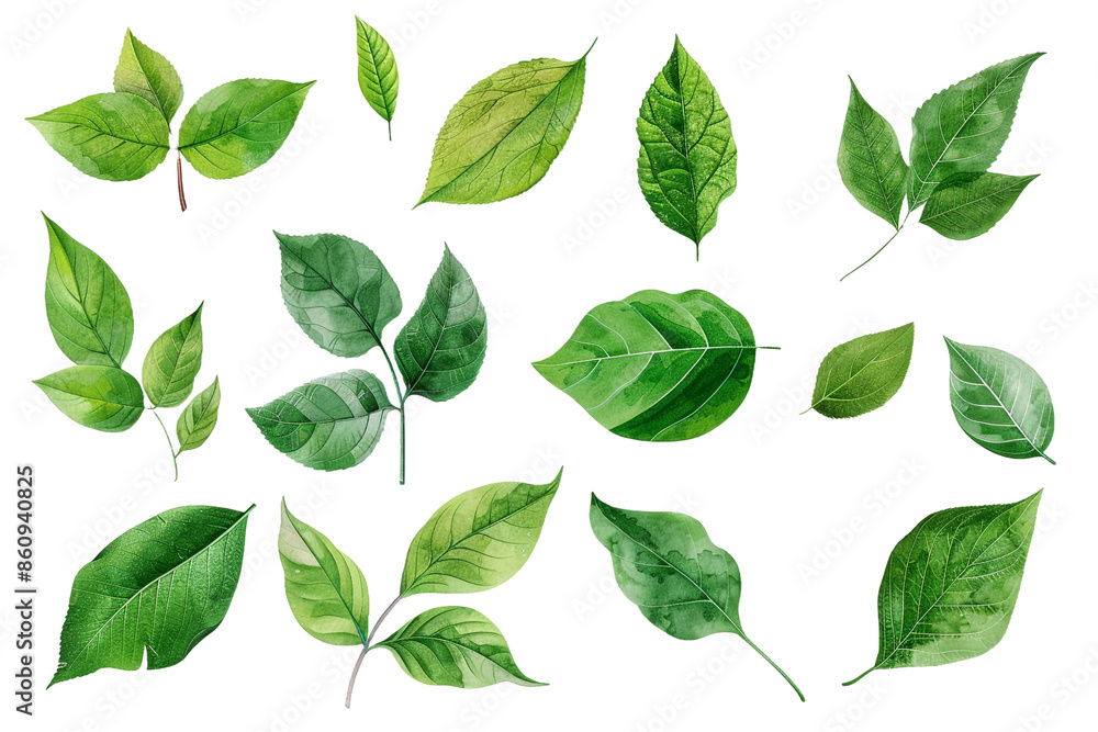 set of green leaves isolated on transparent background set of green leaves isolated on transparent background