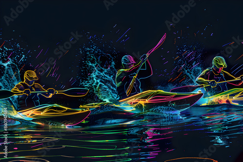 Neon outlines of kayakers in slalom race isotated on black background. photo