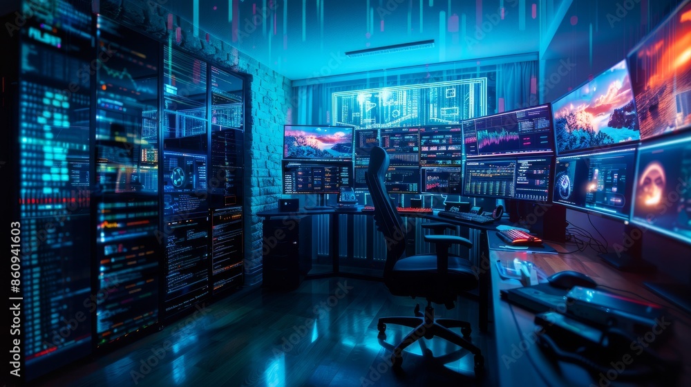A futuristic cybersecurity command center equipped with multiple monitors, servers, and advanced technology in a dimly lit, high-tech environment. A futuristic cybersecurity command center equipped with multiple monitors, servers, and advanced technology in a dimly lit, high-tech environment.