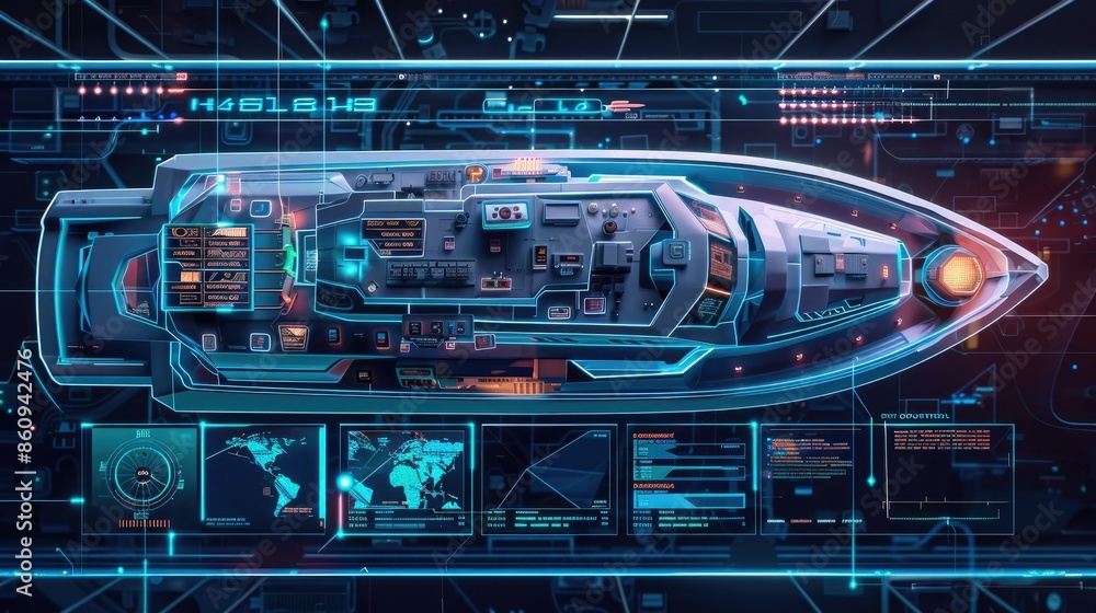 Futuristic digital interface of advanced AI ship control system with cybernetic elements, holographic displays, and technological graphics. Futuristic digital interface of advanced AI ship control system with cybernetic elements, holographic displays, and technological graphics.