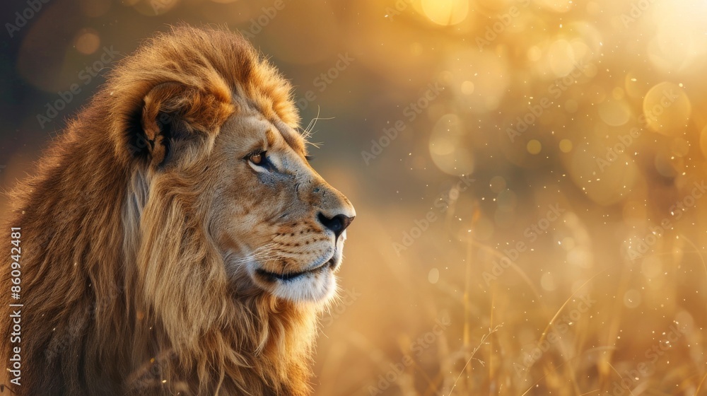 A lion majestically gazes into the distance, bathed in the warm golden hour light, showcasing the beauty of the wild. A lion majestically gazes into the distance, bathed in the warm golden hour light, showcasing the beauty of the wild.
